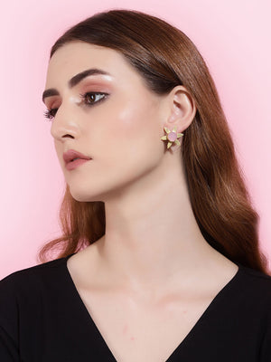 Gold Plated Rose Quartz Floral Studs, Earrings - Shopberserk