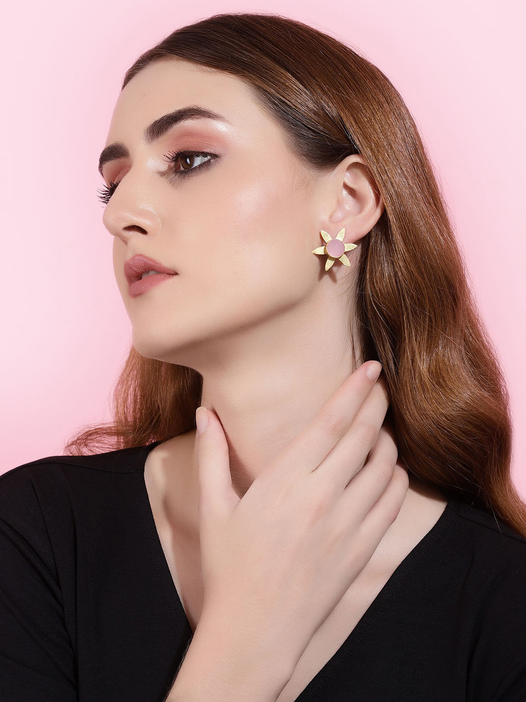 Gold Plated Rose Quartz Floral Studs, Earrings - Shopberserk